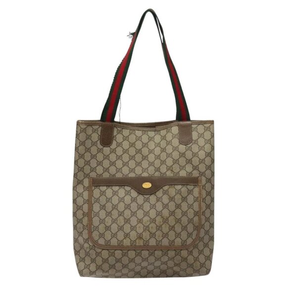 GUCCI GG Supreme Web Sherry Line Tote Bag PVC Beige Gold - Picture 2 of 16